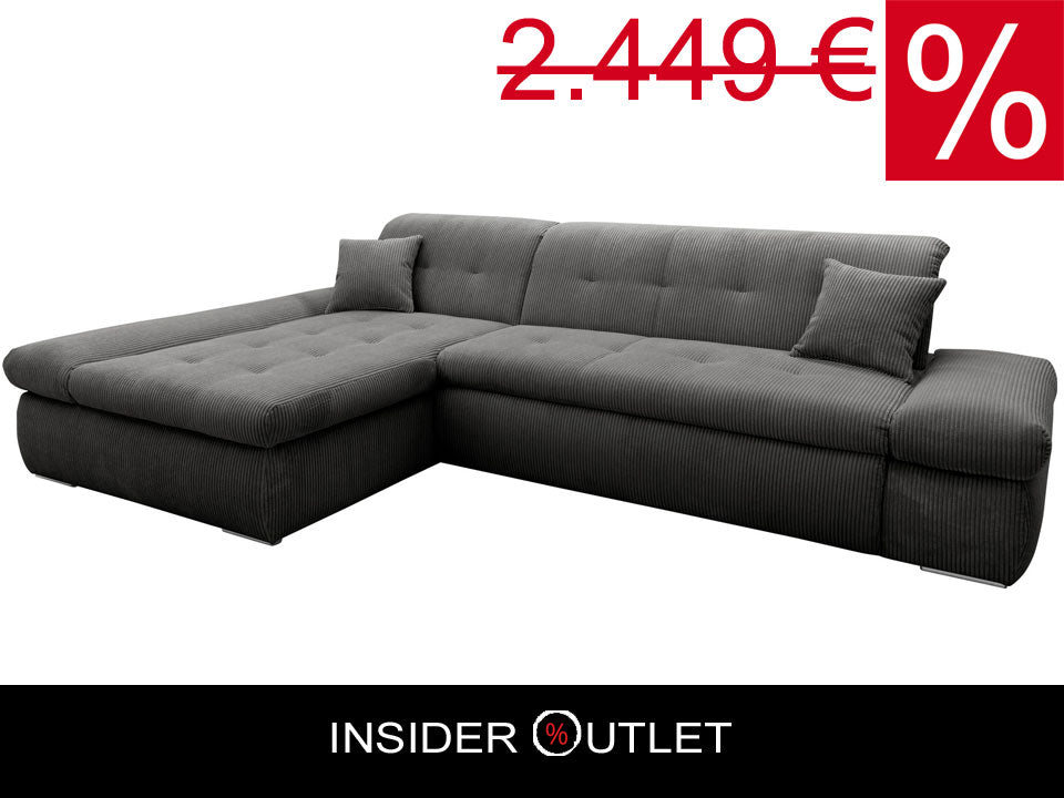 Ecksofa Moric Cord Grau mit Schlaffunktion und Armteilverstellung, Cordsofa, Cordschlafsofa, Couch grau.