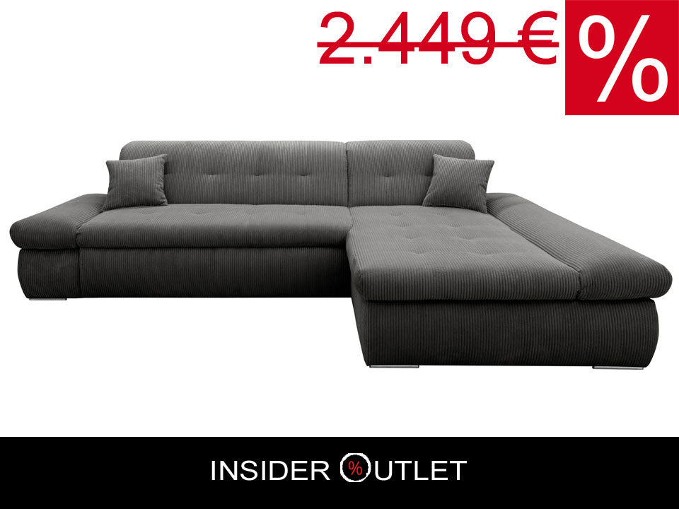 Ecksofa Moric Cord Grau mit Schlaffunktion und Armteilverstellung, Cordsofa, Cordschlafsofa, Couch grau.