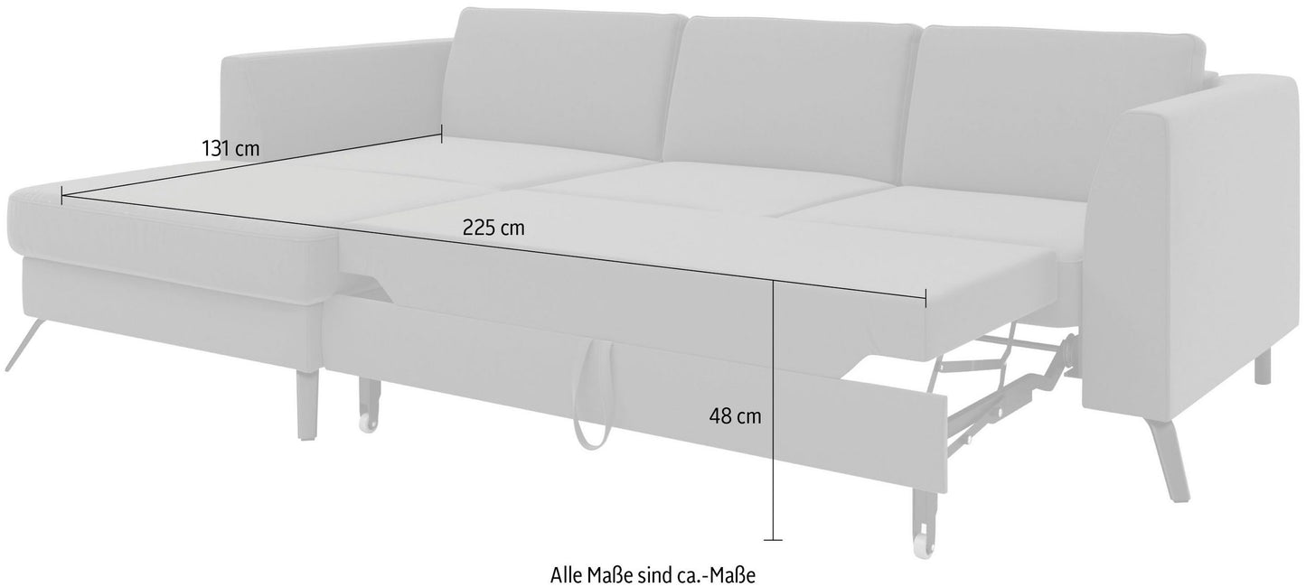 Kleines Ecksofa Olsen in Pacific Blau mit Schlaffunktion in Überlänge, Bettkasten, Federkern und Sitztiefenverstellung in pflegeleichtem Flachgewebebezug.