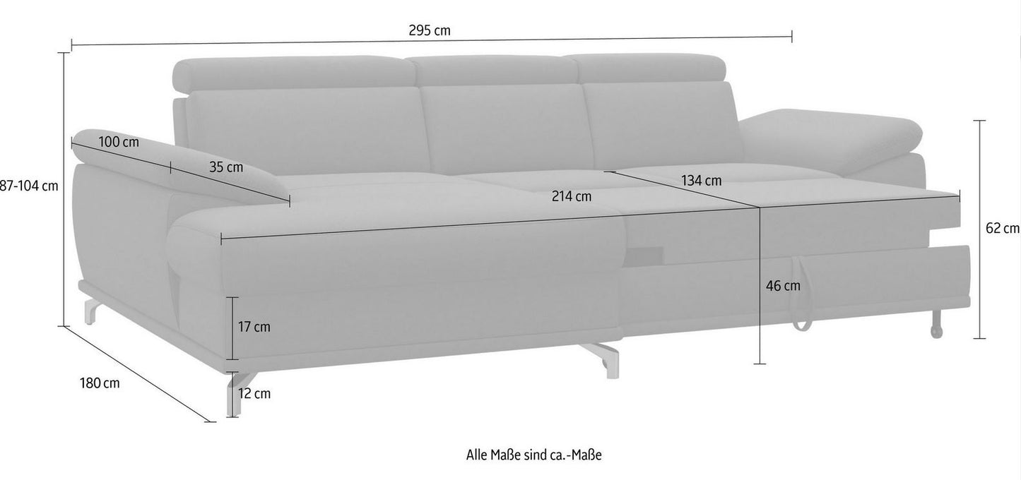 Ecksofa Fango Grau mit Schlaffunktion, Bettkasten, Federkern, Sitztiefenverstellung und Kopfteilverstellung in Luxus-Microfaser Bett in Überlänge.