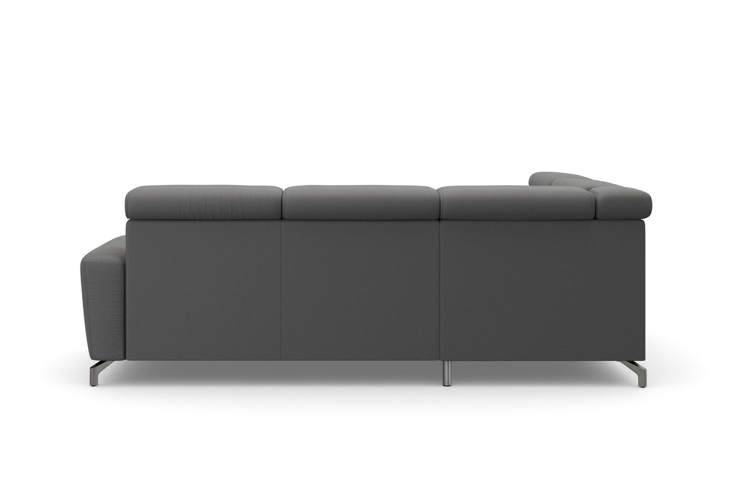 Ecksofa Scarlett Grau mit Schlaffunktion, Bettkasten, Federkern und Kopfteilverstellung in Luxus-Microfaser.