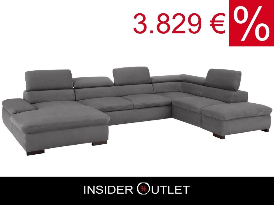 Wohnlandschaft 350 cm Schlaffunktion Grau Luxus-Microfaser B-Ware