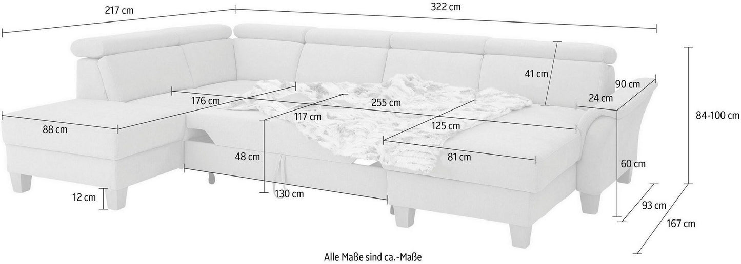 Wohnlandschaft Grau mit Schlaffunktion, Bettkasten, Federkern und Kopfteilverstellung, Conville jetzt reduziert im Angebot kaufen.