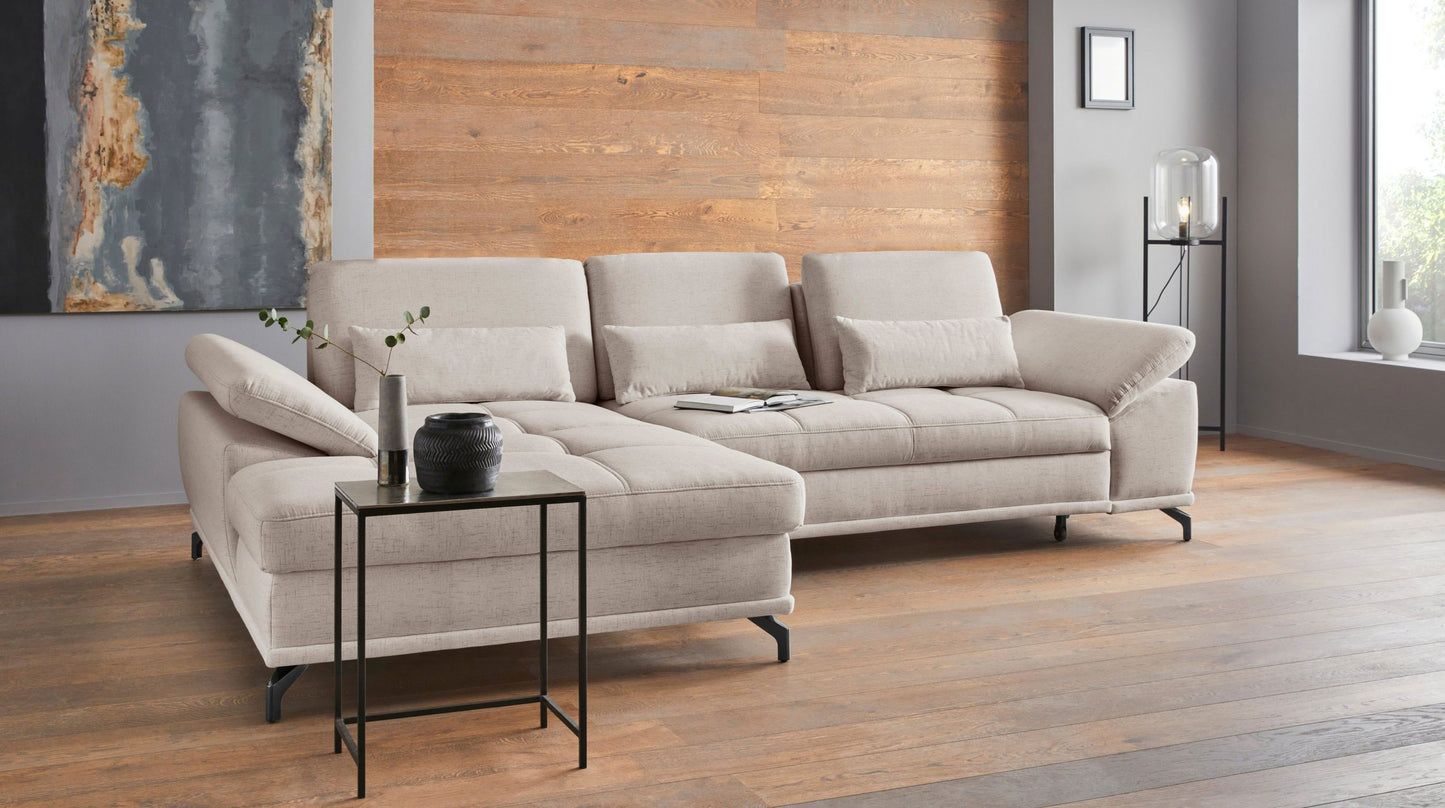 Design Ecksofa in Creme Beige mit Federkern, Sitztiefenverstellung, Armteilverstellung, Eckcouch Costello jetzt online bestellen.