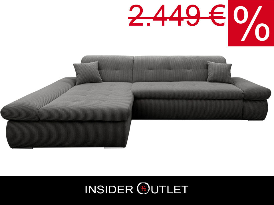 Ecksofa Moric Cord Grau mit Schlaffunktion und Armteilverstellung, Cordsofa, Cordschlafsofa, Couch grau.