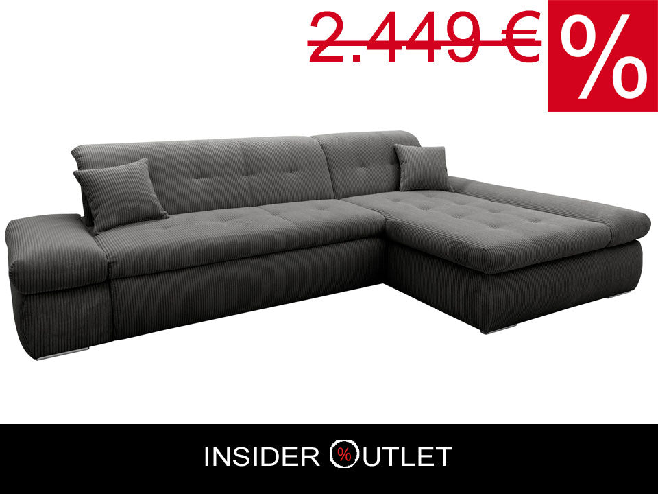 Ecksofa Moric Cord Grau mit Schlaffunktion und Armteilverstellung, Cordsofa, Cordschlafsofa, Couch grau.