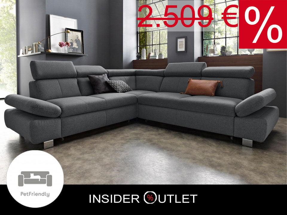 Ecksofa mit Schlaffunktion und Bettkasten sofort lieferbar in Grau Ecksofa Happy.