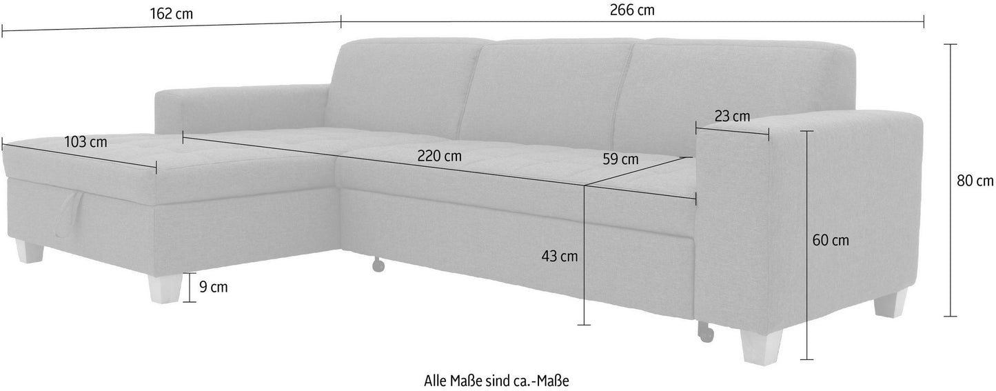 Kleines Ecksofa anthrazit grau mit Schlaffunktion in Überlänge, Bettkasten aus der Serie Teri "Corby" jetzt reduziert Online kaufen.