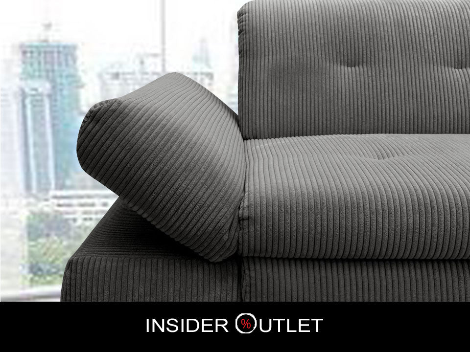 Ecksofa Moric Cord Grau mit Schlaffunktion und Armteilverstellung, Cordsofa, Cordschlafsofa, Couch grau.