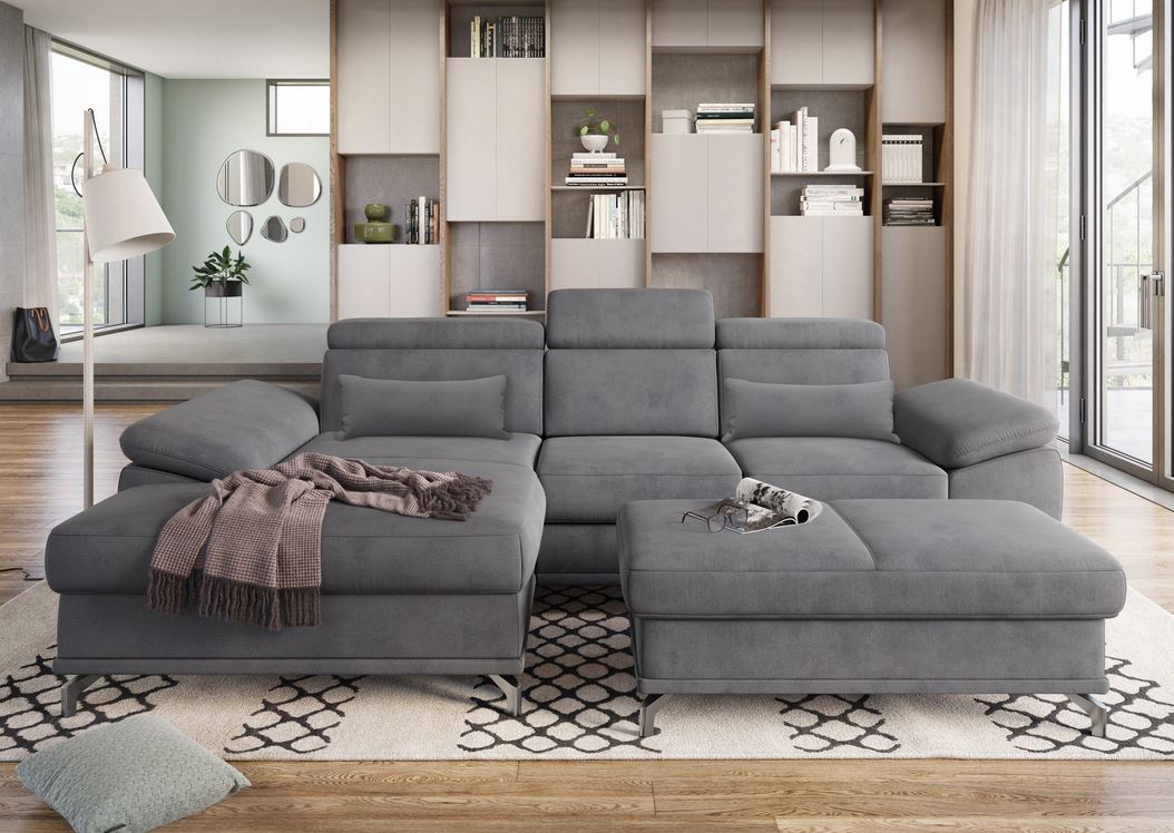 Ecksofa in Grau mit Schlaffunktion, Bettkasten, Federkern und Sitztiefenverstellung, Couch Cabrio in Microfaser.
