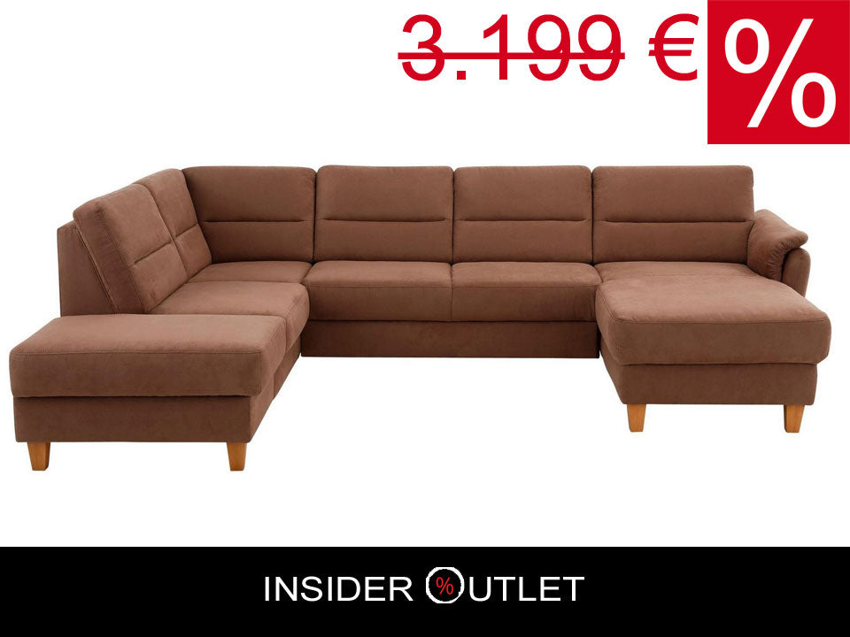 Schicke Wohnlandschaft, Sofa Palmera mit Schlaffunktion und Federkern in pflegeleichtem Microfaser in braun, u-form ist jetzt sofort verfügbar.