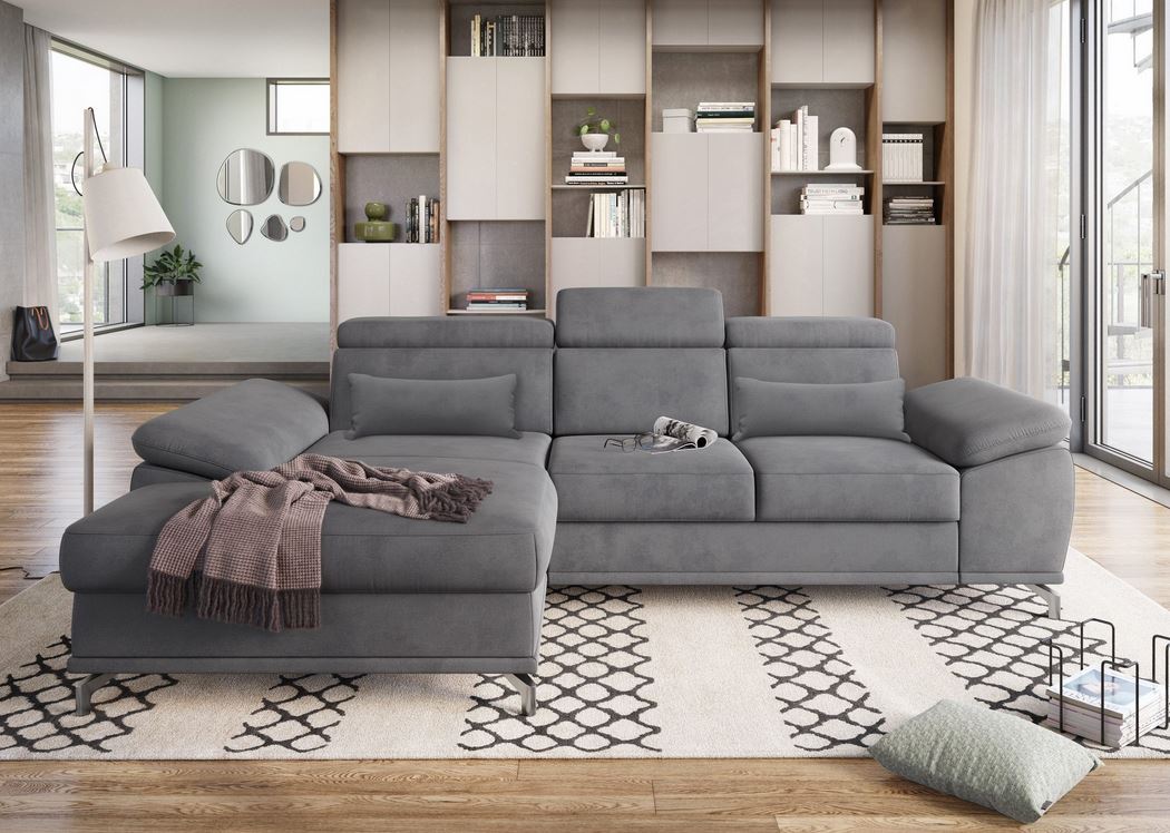 Ecksofa in Grau mit Schlaffunktion, Bettkasten, Federkern und Sitztiefenverstellung, Couch Cabrio in Microfaser.