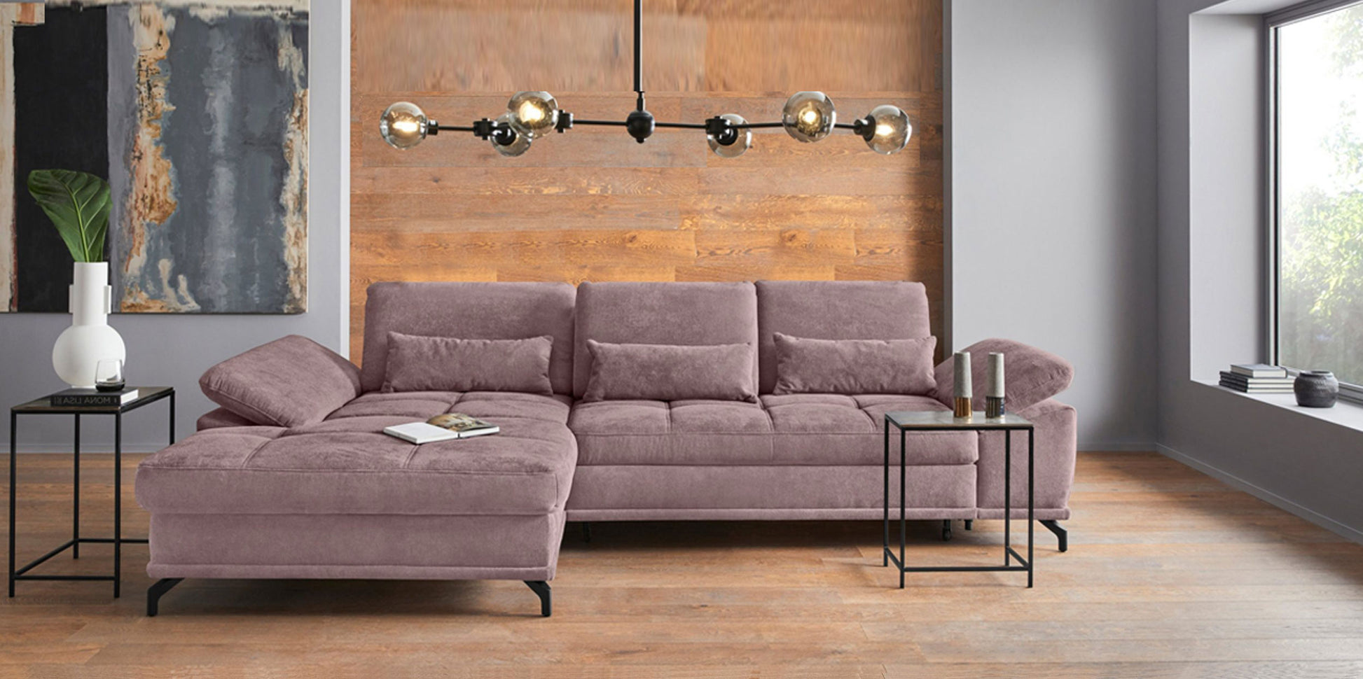 Ecksofa Costello mit Schlaffunktion, Bettkasten und Federkern in pflegeleichtem Rosa Fliede Microfaser Struktur flausch.