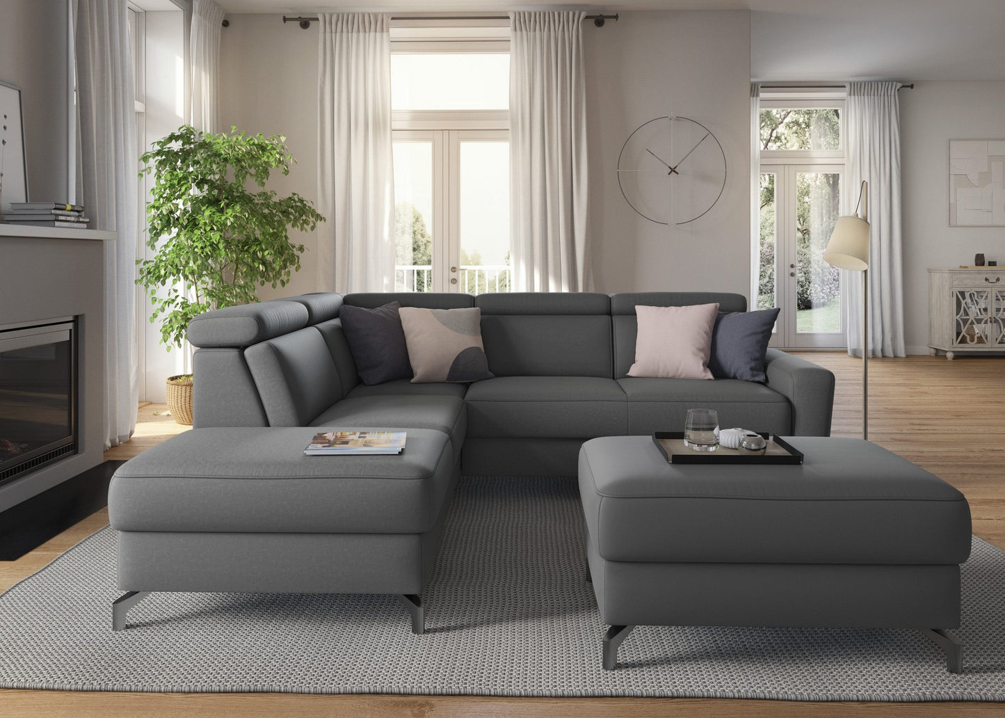 Ecksofa Scarlett Grau mit Schlaffunktion, Bettkasten, Federkern und Kopfteilverstellung in Luxus-Microfaser jetzt reduziert im Angebot online bestellen.