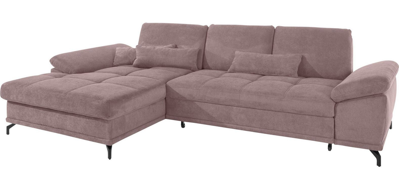 Ecksofa Costello mit Schlaffunktion, Bettkasten und Federkern in pflegeleichtem Rosa Fliede Microfaser Struktur flausch.