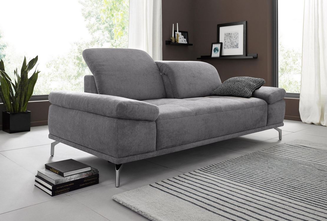 Sofa Caluna 3-Sitzer Couch in Grau mit Federkern, Sitztiefenverstellung und Kopfteilverstellung.