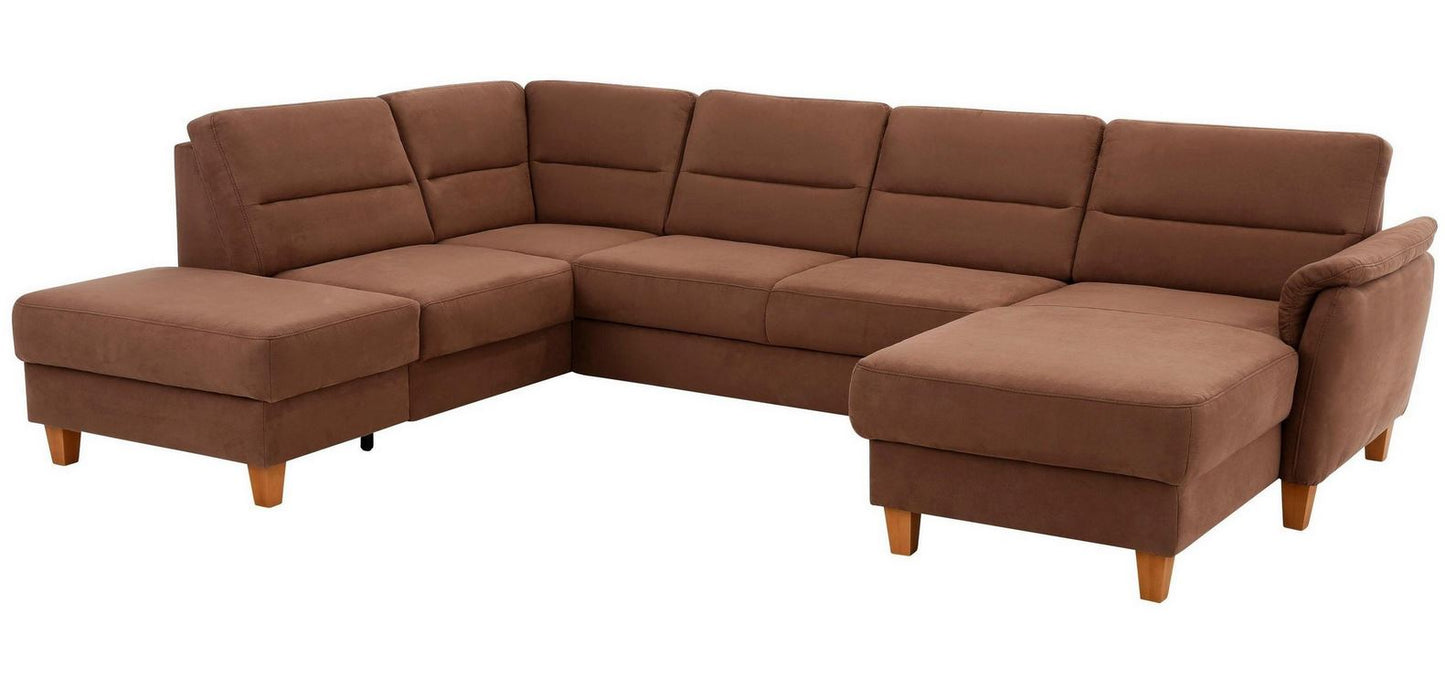 Schicke Wohnlandschaft, Sofa Palmera mit Schlaffunktion und Federkern in pflegeleichtem Microfaser in braun, u-form ist jetzt sofort verfügbar.