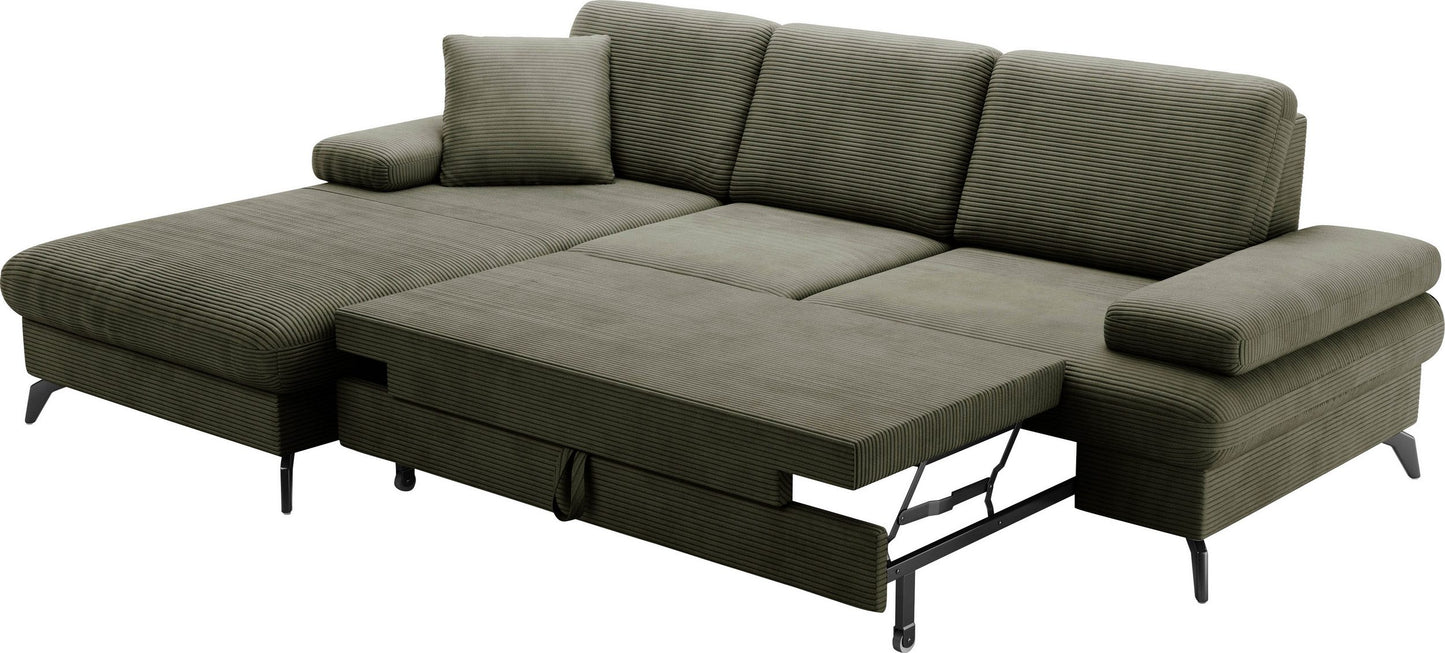 Kleines Cord Ecksofa in Olive Grün mit Hocker und Schlaffunktion im Skandi Design jetzt reduziert im Angebot kaufen.