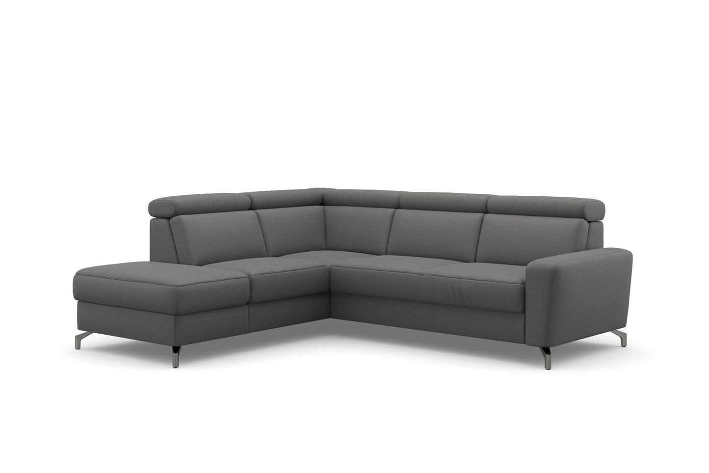 Ecksofa Scarlett Grau mit Schlaffunktion, Bettkasten, Federkern und Kopfteilverstellung in Luxus-Microfaser.