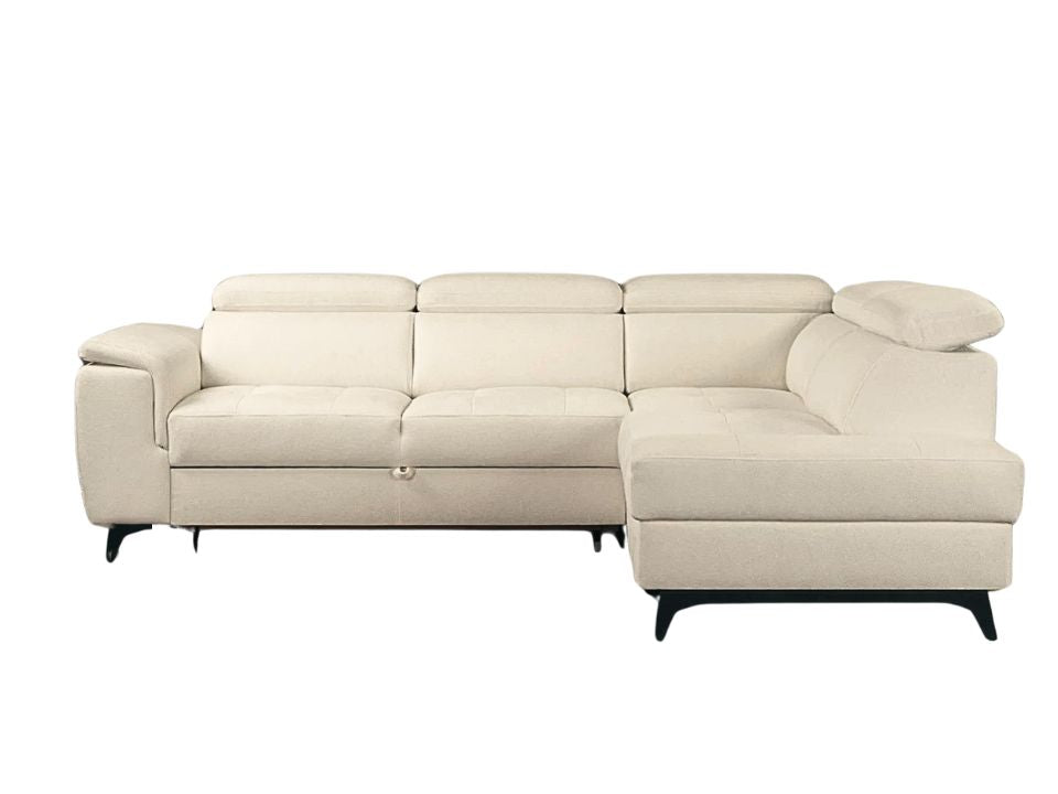 Kleines Ecksofa in Beige mit Schlaffunktion, Bettkasten und Kopfteilverstellung in pflegeleichtem Luxus Microfaser Bezug jetzt reduziert im Angebot online bestellen.
