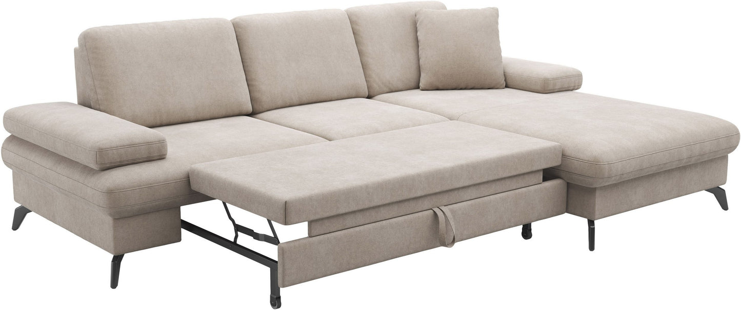 Kleines Ecksofa Taupe Beige mit Schlaffunktion und PUR-Schaum, Morris Jubi.