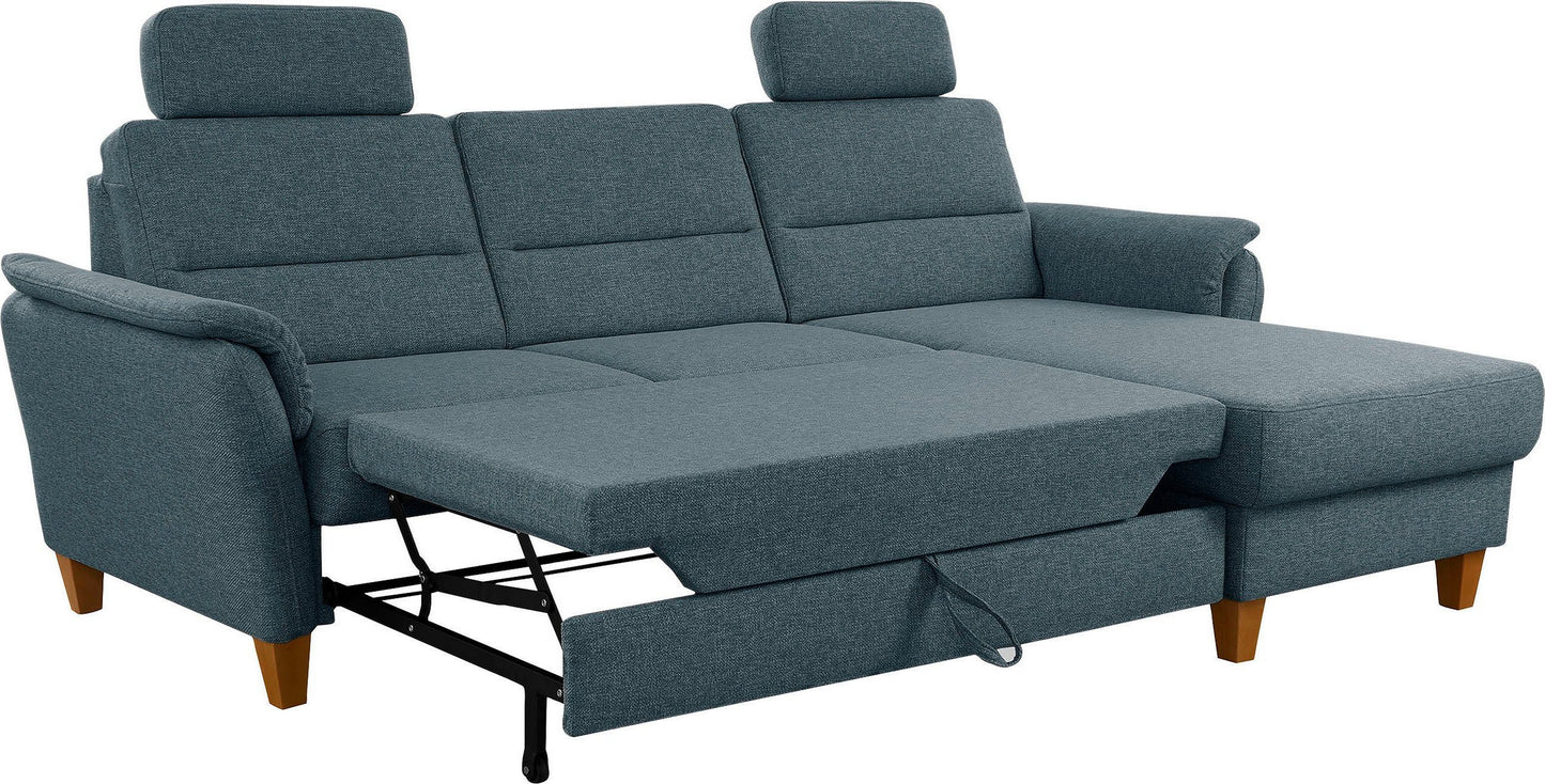 Kleines Ecksofa Grau Blau mit Schlaffunktion, Bettkasten und Federkern Couch Palmera jetzt reduziert im Angebot kaufen.