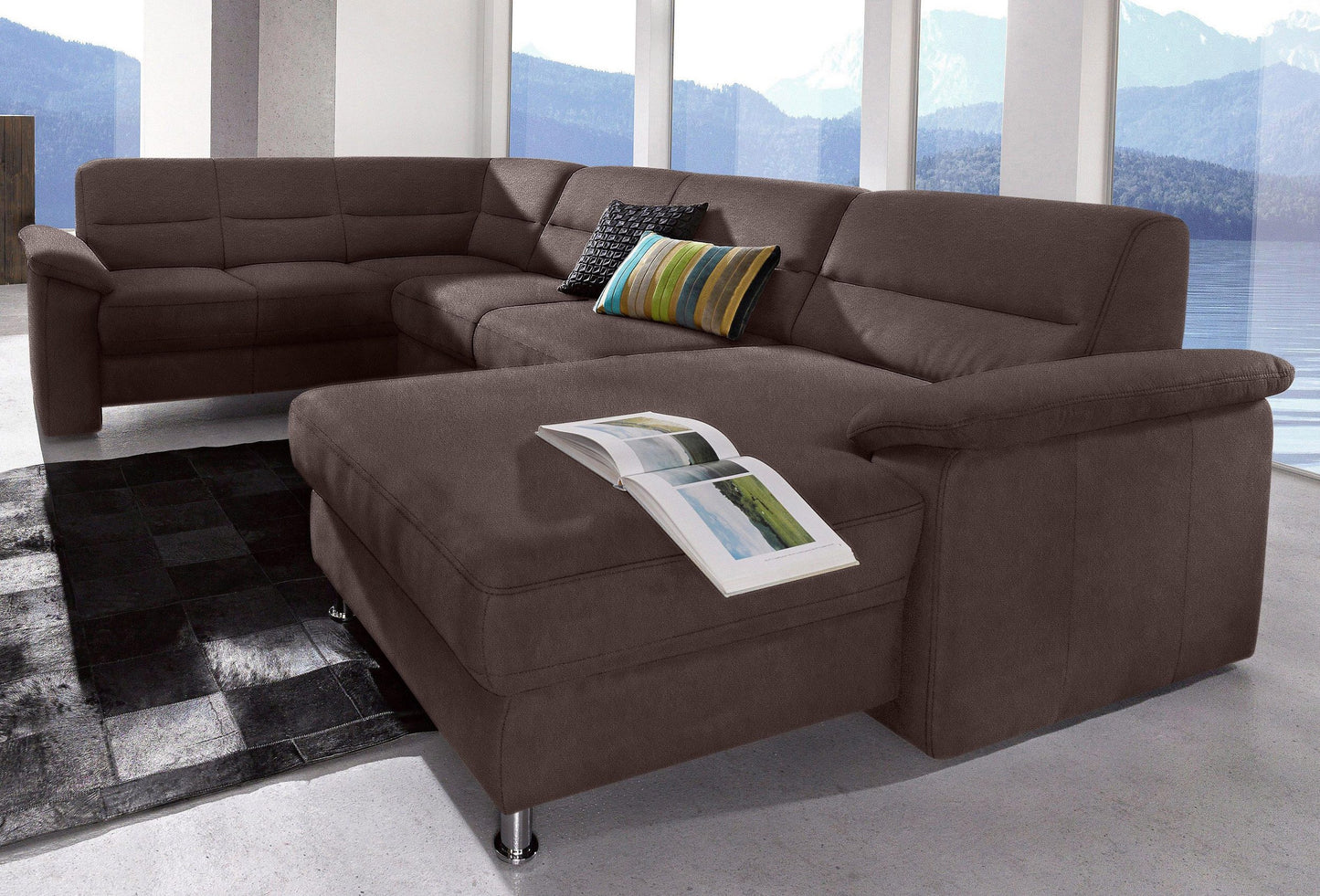 Boxspring Wohnlandschaft Dunkelbraun, braun mit schlaffunktion in Überlänge und Federkern in Luxus-Microfaser Bezug jetzt reduziert im Angebot online kaufen.