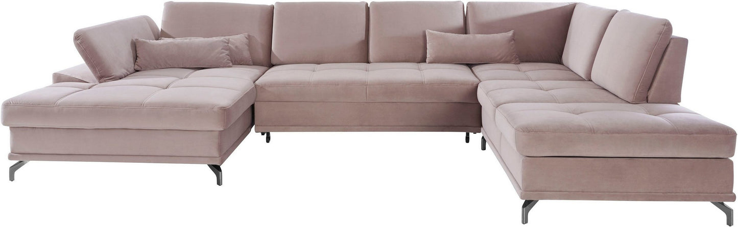 Wohnlandschaft Samt Beige mit Schlaffunktion, Bettkasten, Federkern und Sitztiefenverstellung im Skandi Design mit filgranen Füßen, SofalandschaftCostello.