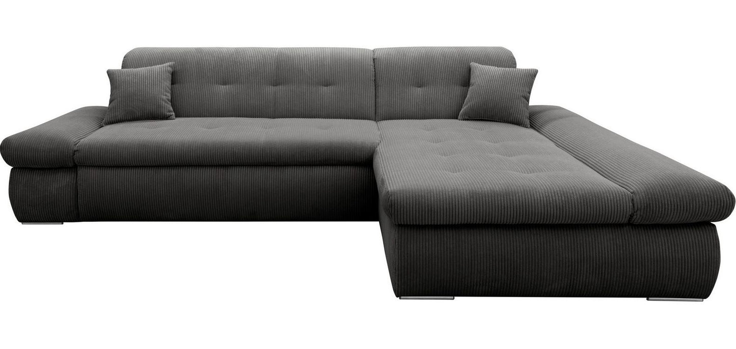 Ecksofa Moric Cord Grau mit Schlaffunktion und Armteilverstellung, Cordsofa, Cordschlafsofa, Couch grau.