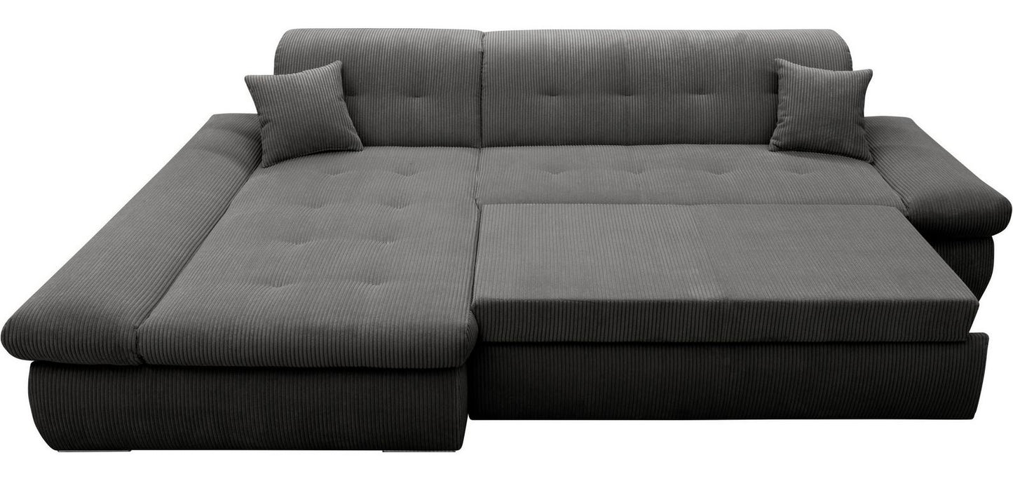 Ecksofa Moric Cord Grau mit Schlaffunktion und Armteilverstellung, Cordsofa, Cordschlafsofa, Couch grau.