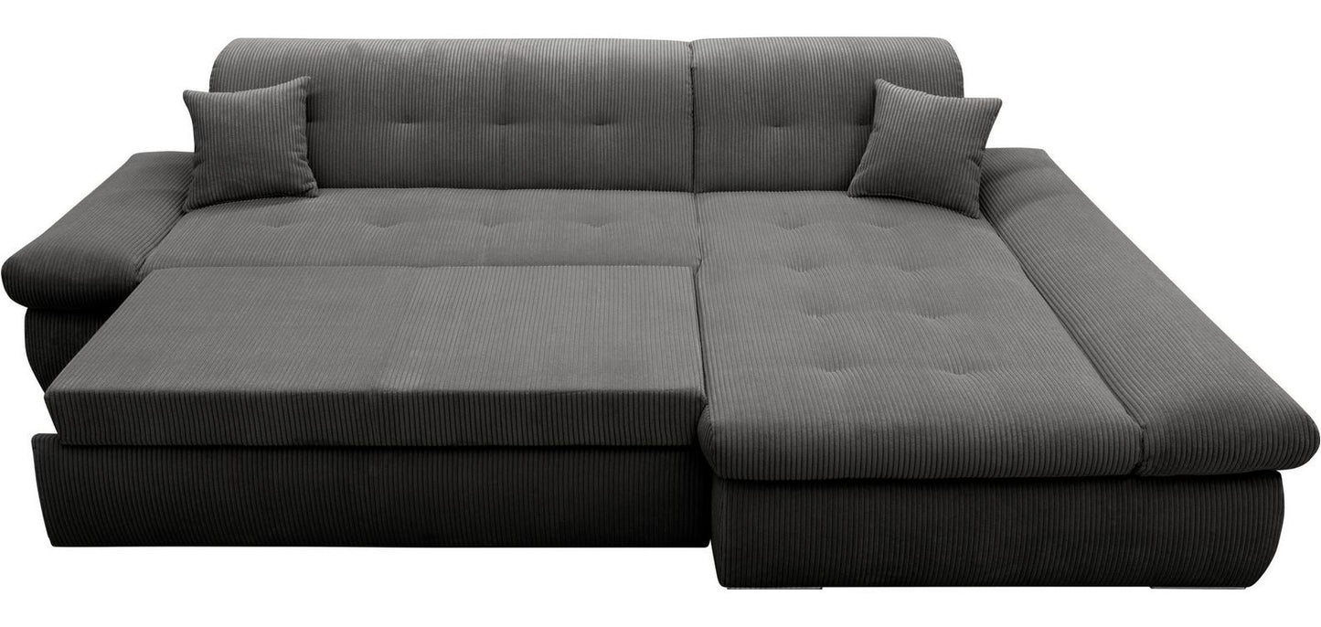 Ecksofa Moric Cord Grau mit Schlaffunktion und Armteilverstellung, Cordsofa, Cordschlafsofa, Couch grau.