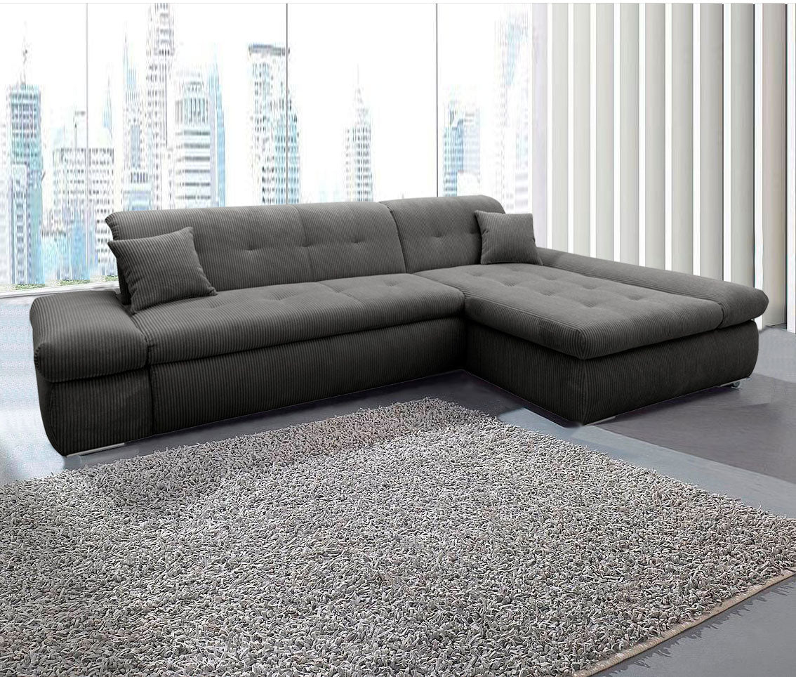 Ecksofa Moric Cord Grau mit Schlaffunktion und Armteilverstellung, Cordsofa, Cordschlafsofa, Couch grau.