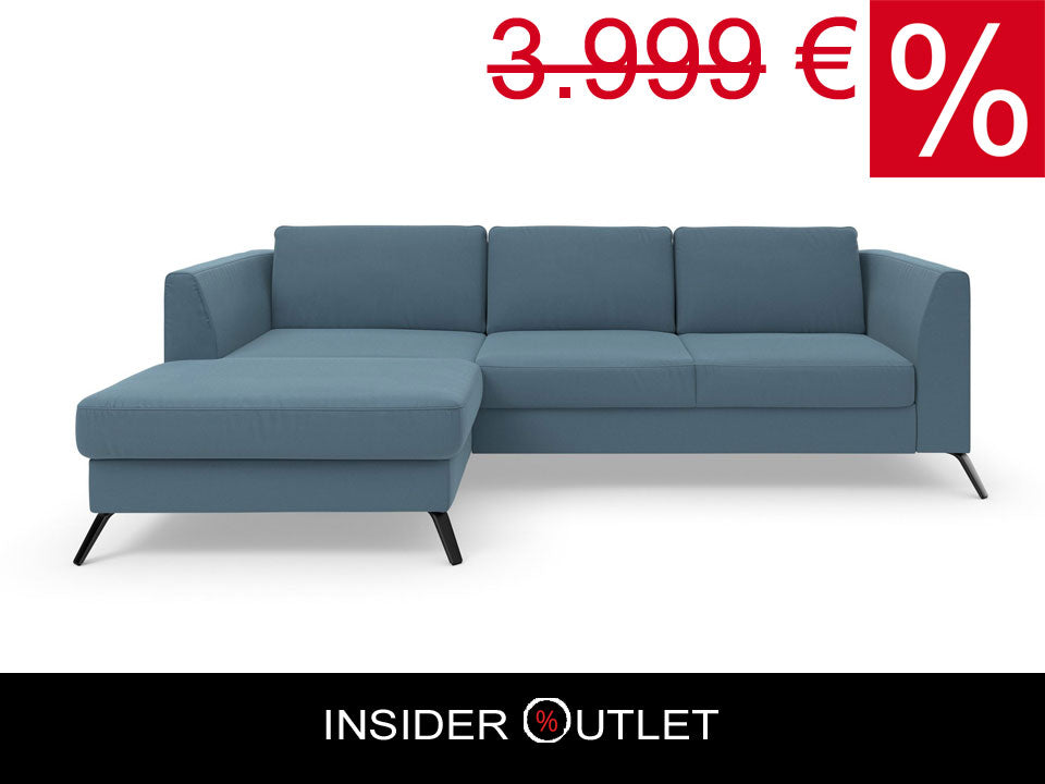 Ecksofa Olsen in Pacific Blau mit Schlaffunktion, Bettkasten, Federkern und Sitztiefenverstellung in pflegeleichtem Flachgewebebezug jetzt reduziert im Angebot kaufen.