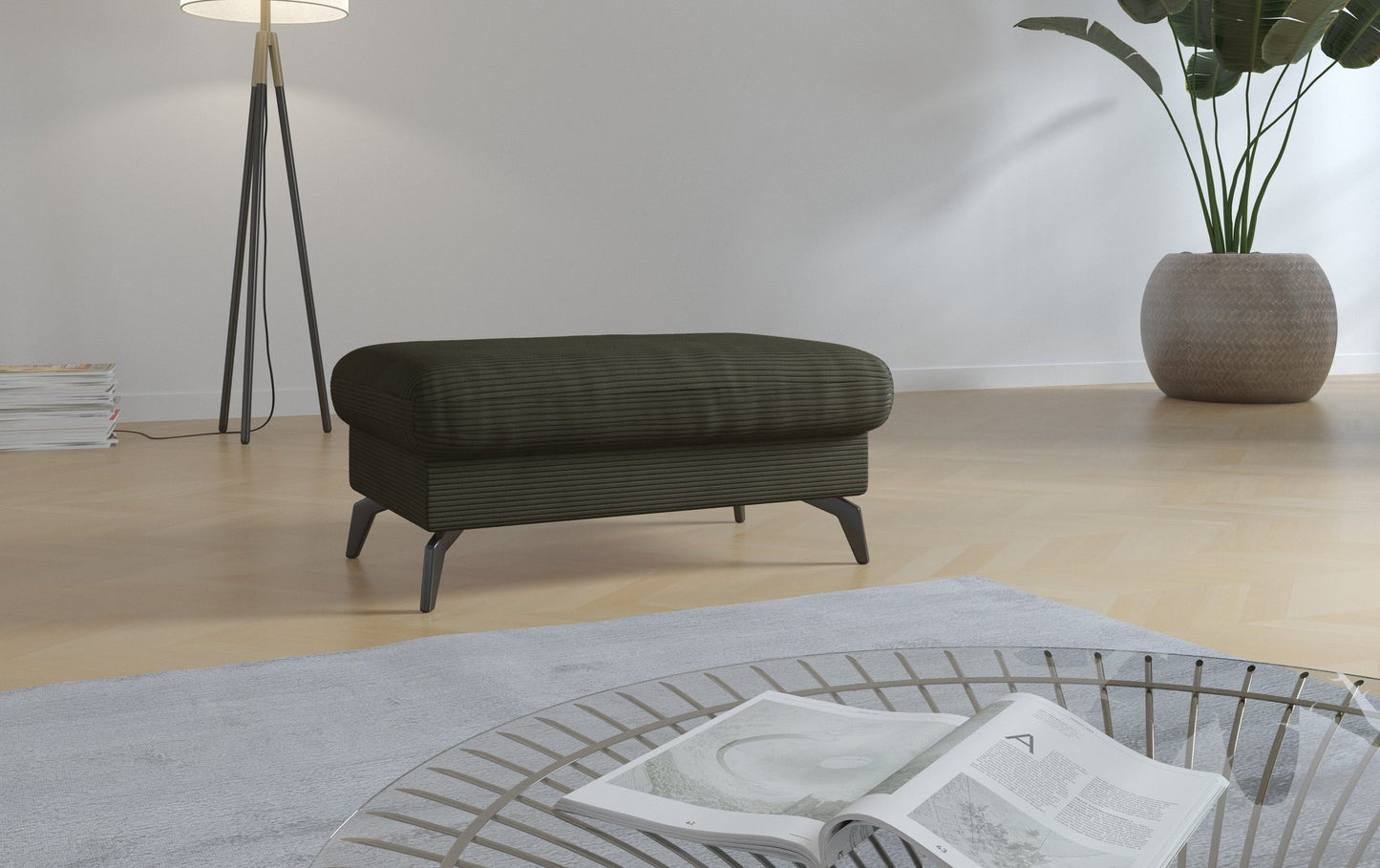 Kleines Cord Ecksofa in Olive Grün mit Hocker und Schlaffunktion im Skandi Design jetzt reduziert im Angebot kaufen.