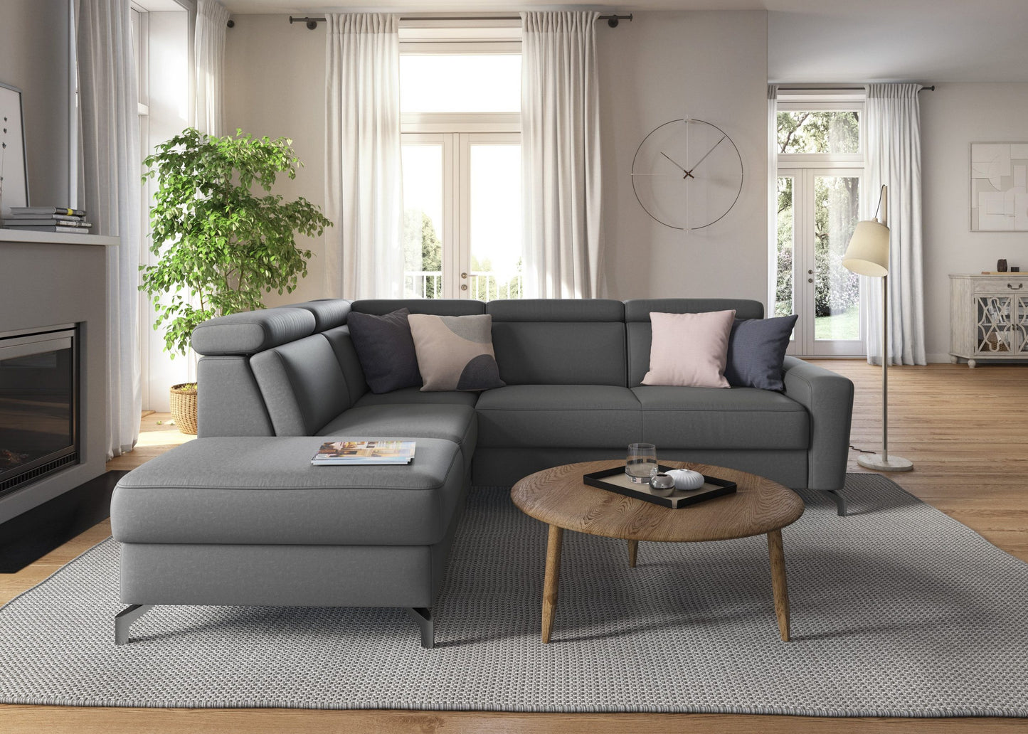 Ecksofa Scarlett Grau mit Schlaffunktion, Bettkasten, Federkern und Kopfteilverstellung in Luxus-Microfaser jetzt reduziert im Angebot online bestellen.