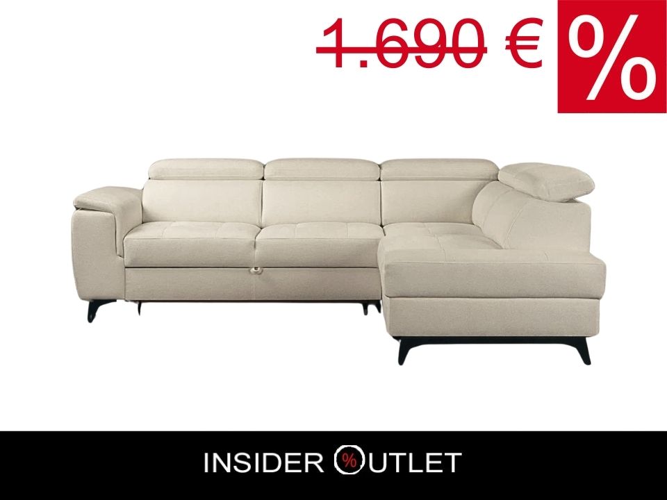Kleines Ecksofa in Beige mit Schlaffunktion, Bettkasten und Kopfteilverstellung in pflegeleichtem Luxus Microfaser Bezug jetzt reduziert im Angebot online bestellen.