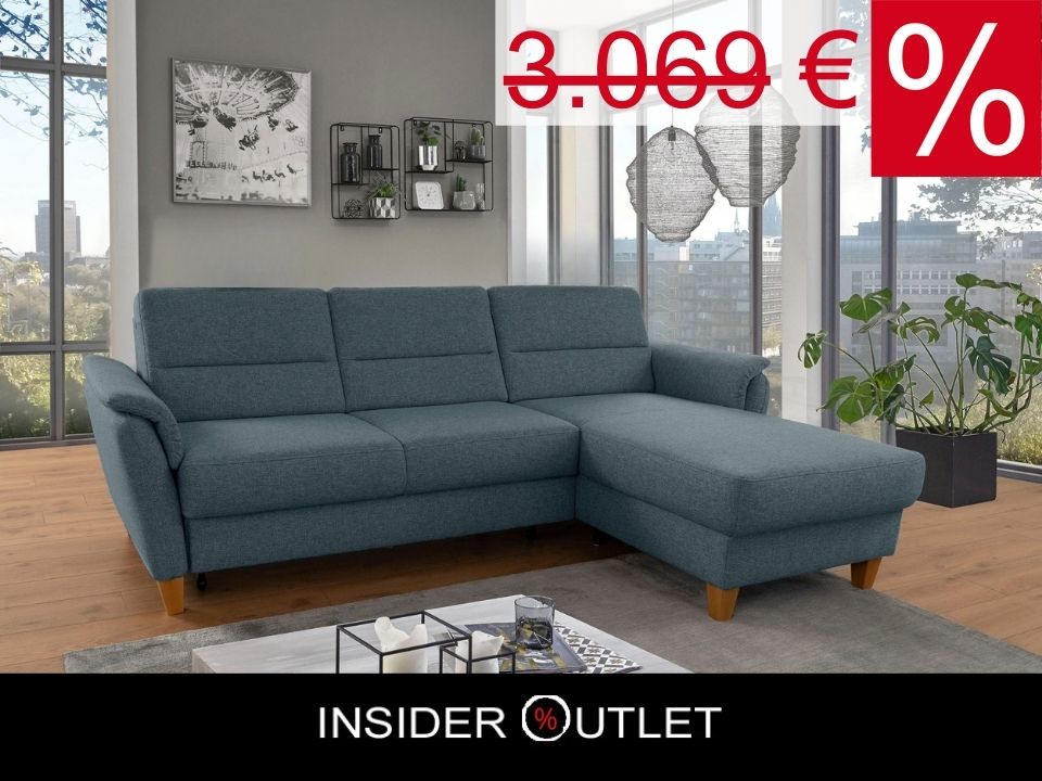 Kleines Ecksofa Grau Blau mit Schlaffunktion, Bettkasten und Federkern Couch Palmera jetzt reduziert im Angebot kaufen.