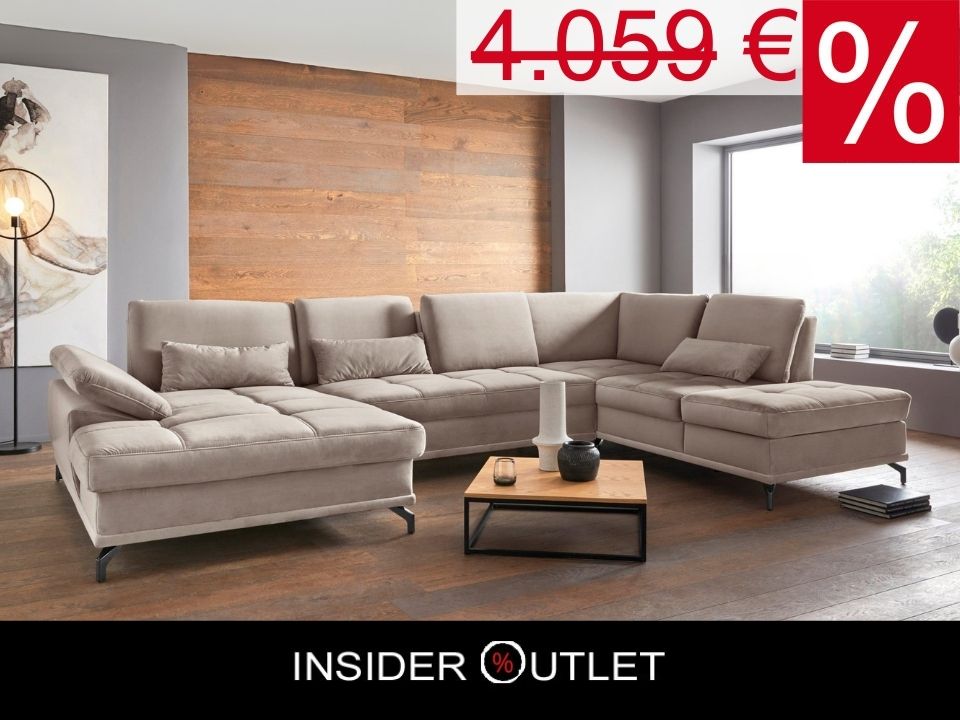 Wohnlandschaft Samt Beige mit Federkern und Sitztiefenverstellung im Skandi Design mit filgranen Füßen, Costello jetzt reduziert im Angebot bestellen.