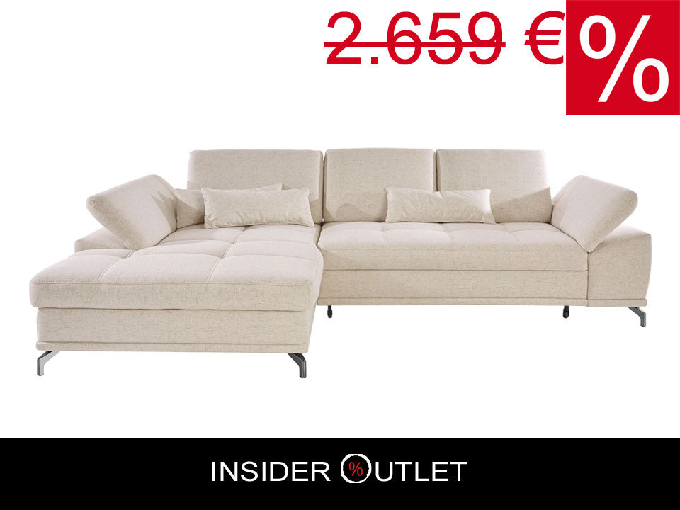 Design Ecksofa in Creme Beige mit Federkern, Sitztiefenverstellung, Armteilverstellung, Eckcouch Costello jetzt reduziert im Angebot bestellen.