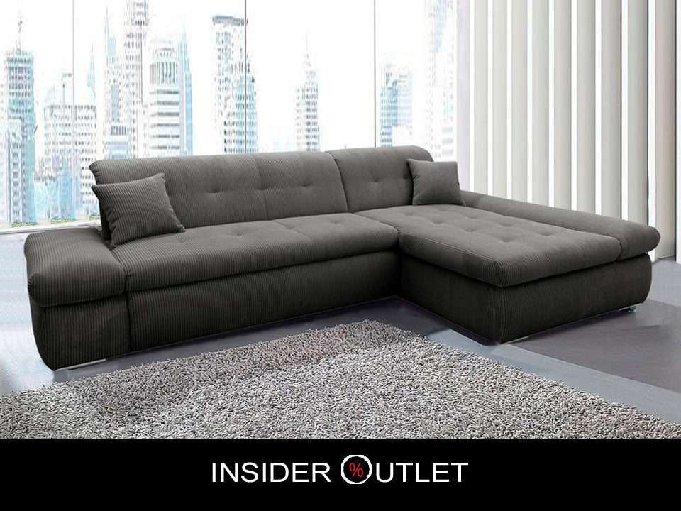Ecksofa Moric Cord Grau mit Schlaffunktion und Armteilverstellung, Cordsofa, Cordschlafsofa, Couch grau.