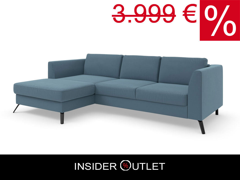 Ecksofa Olsen in Pacific Blau mit Schlaffunktion, Bettkasten, Federkern und Sitztiefenverstellung in pflegeleichtem Flachgewebebezug jetzt reduziert im Angebot kaufen.