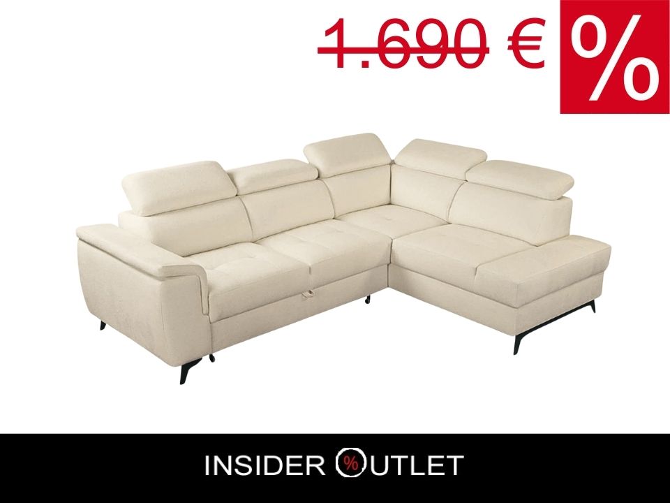 Kleines Ecksofa in Beige mit Schlaffunktion, Bettkasten und Kopfteilverstellung in pflegeleichtem Luxus Microfaser Bezug jetzt reduziert im Angebot online bestellen.