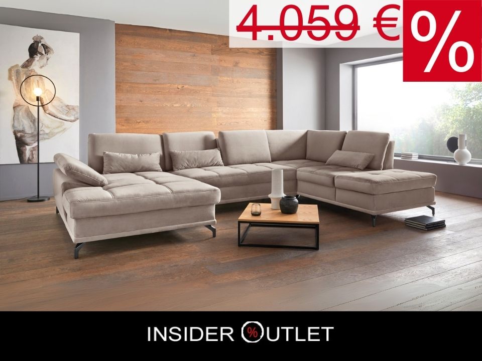 Wohnlandschaft Samt Beige mit Federkern und Sitztiefenverstellung im Skandi Design mit filgranen Füßen, Costello jetzt reduziert im Angebot bestellen.