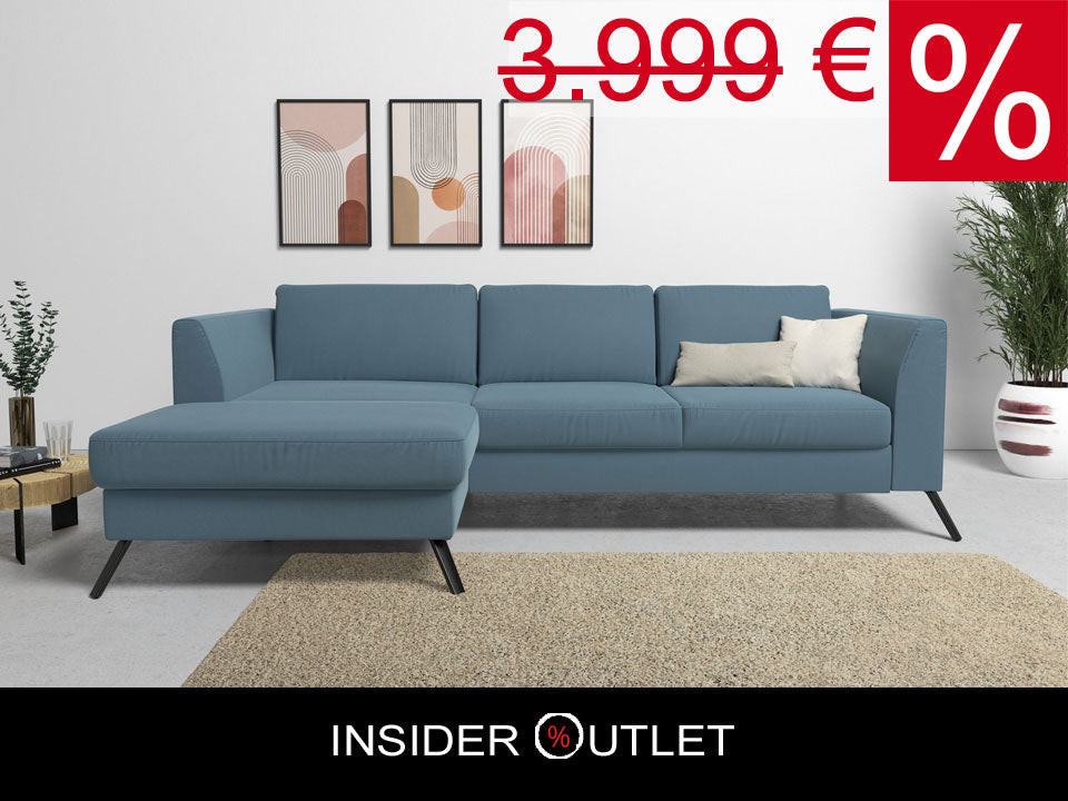 Ecksofa Olsen in Pacific Blau mit Schlaffunktion, Bettkasten, Federkern und Sitztiefenverstellung in pflegeleichtem Flachgewebebezug reduziert im Angebot bestellen.