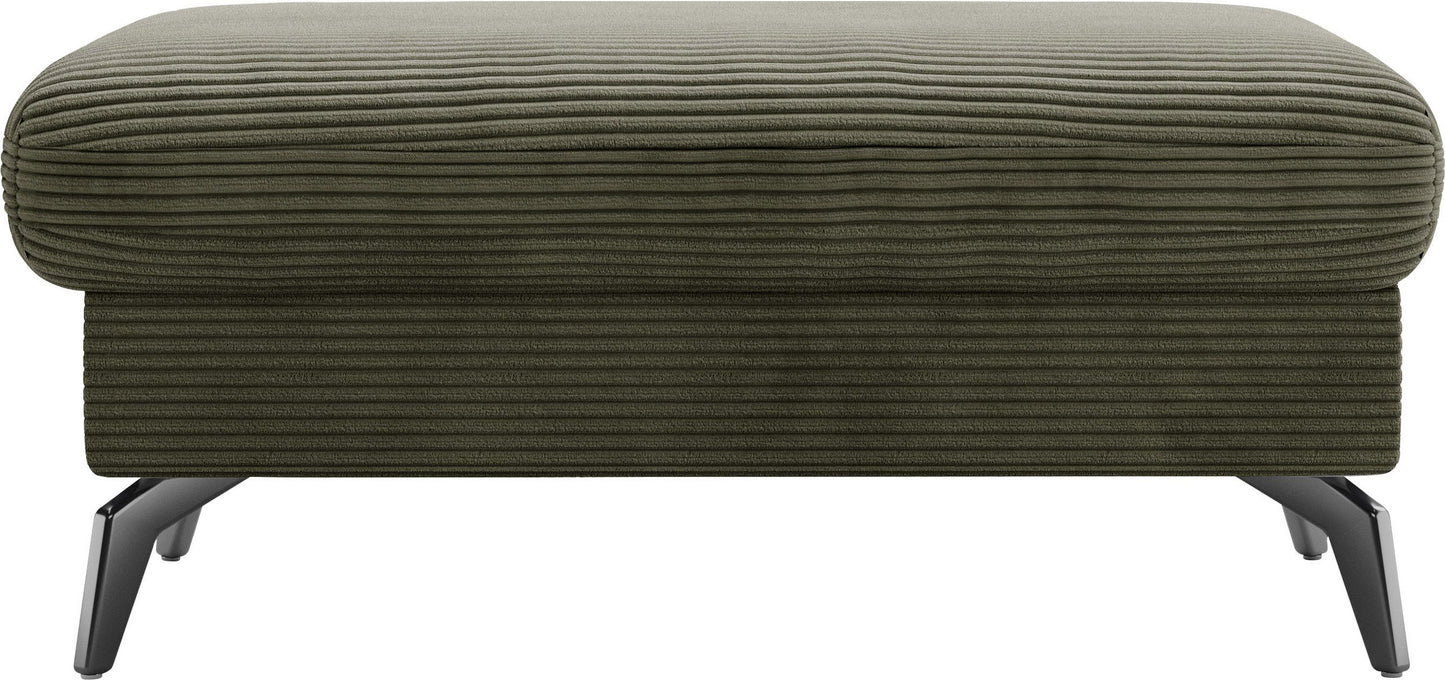 Kleines Cord Ecksofa in Olive Grün mit Hocker und Schlaffunktion im Skandi Design jetzt reduziert im Angebot kaufen.