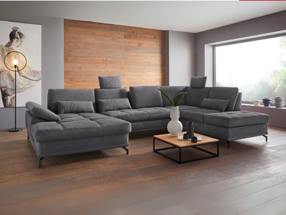 Wohnlandschaft Grau mit Schlaffunktion, Bettkasten, Federkern und Sitztiefenverstellung im pflegeleichtem und weichem Luxus-Microfaser Bezug, Costello.