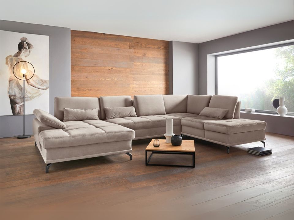 Wohnlandschaft Samt Beige mit Schlaffunktion, Bettkasten, Federkern und Sitztiefenverstellung im Skandi Design mit filgranen Füßen, Costello jetzt online kaufen.