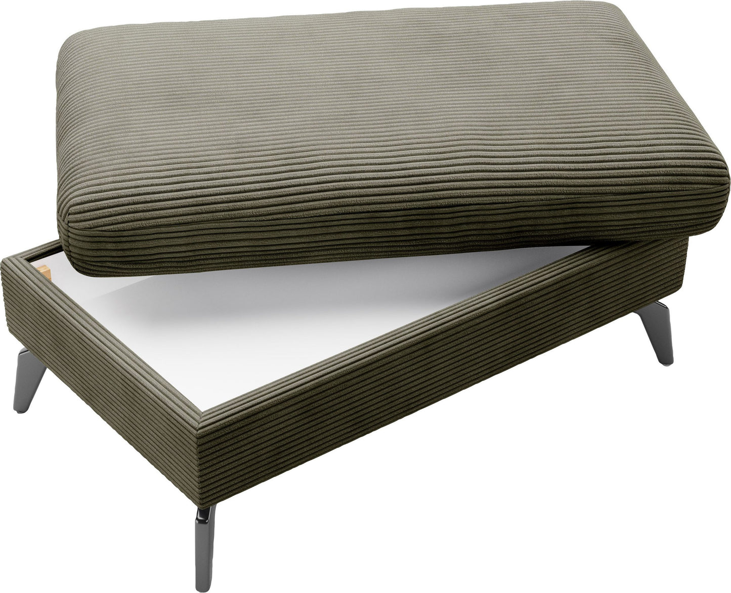 Kleines Cord Ecksofa in Olive Grün mit Hocker und Schlaffunktion im Skandi Design jetzt reduziert im Angebot kaufen.