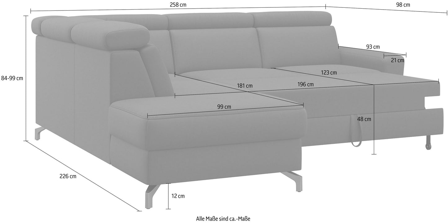 Ecksofa Scarlett Grau mit Schlaffunktion, Bettkasten, Federkern und Kopfteilverstellung in Luxus-Microfaser Maße Bettfunktion.