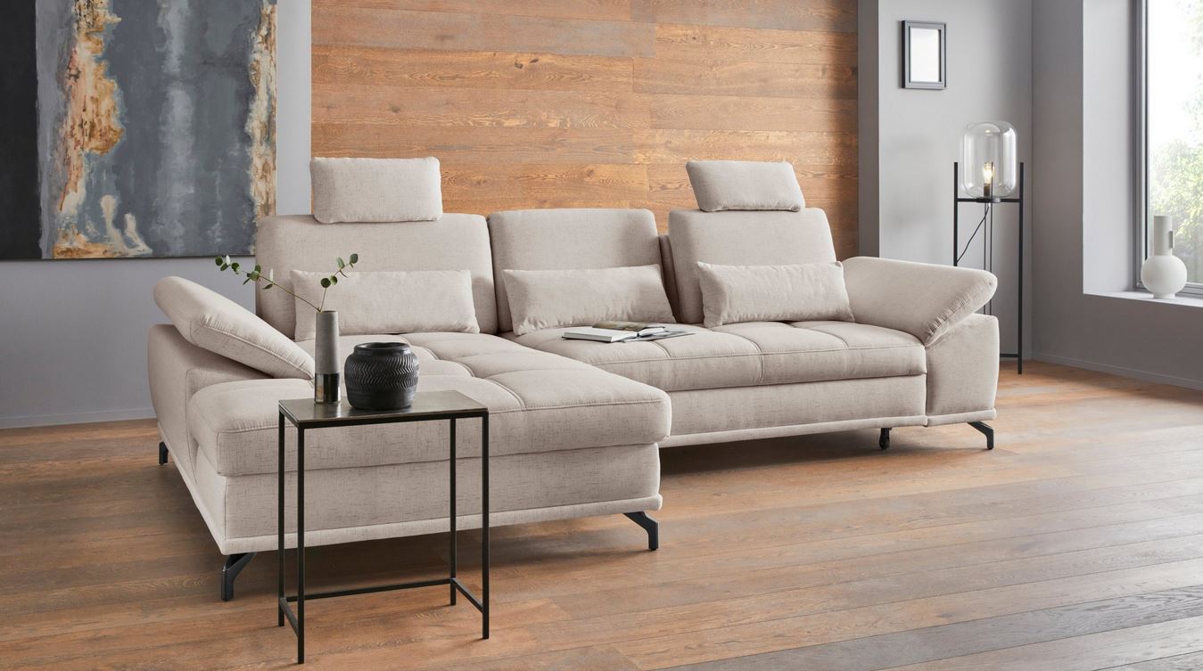 Design Ecksofa in Creme Beige mit Federkern, Sitztiefenverstellung, Armteilverstellung, Eckcouch Costello jetzt online bestellen.